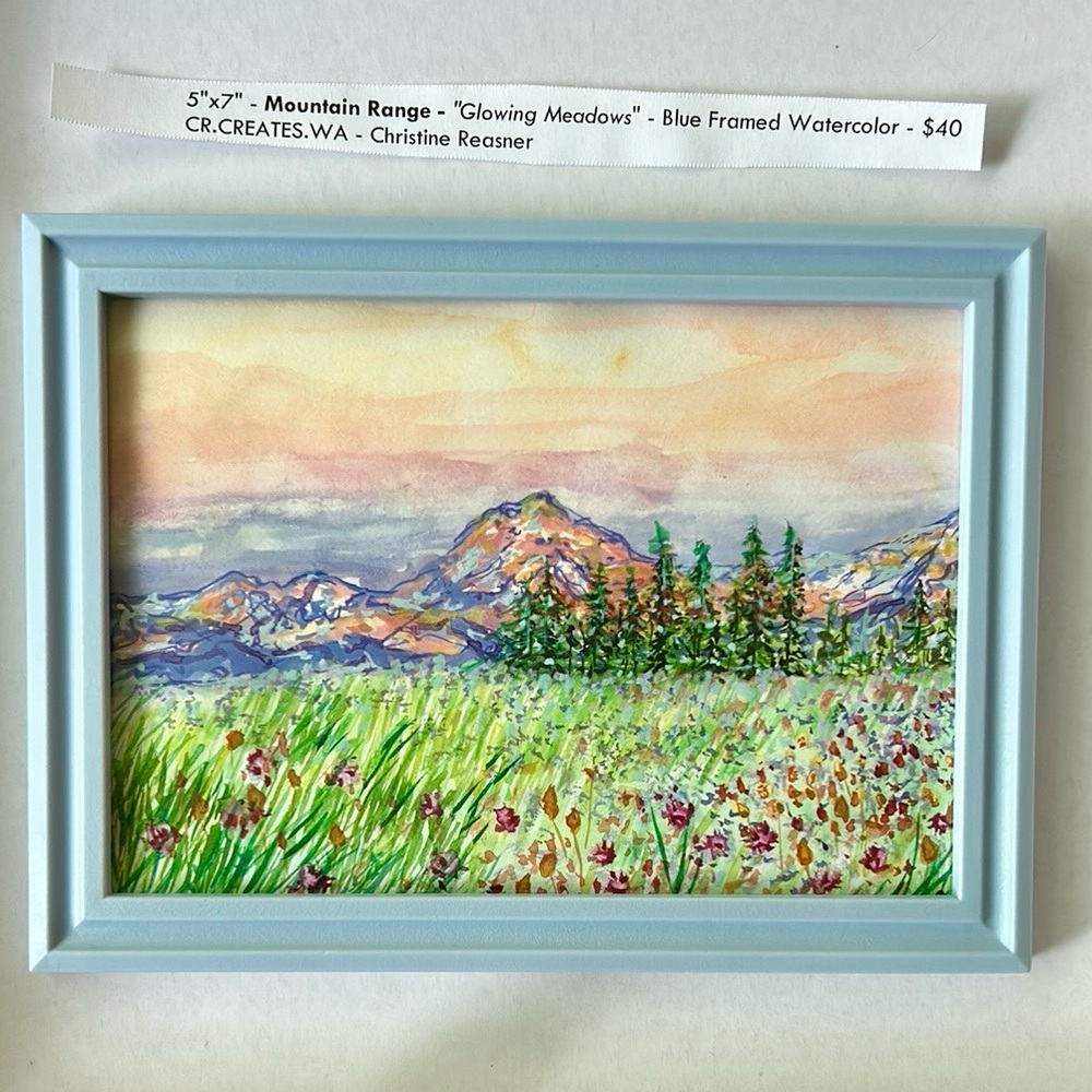 Blue Framed Mountain Range Watercolor